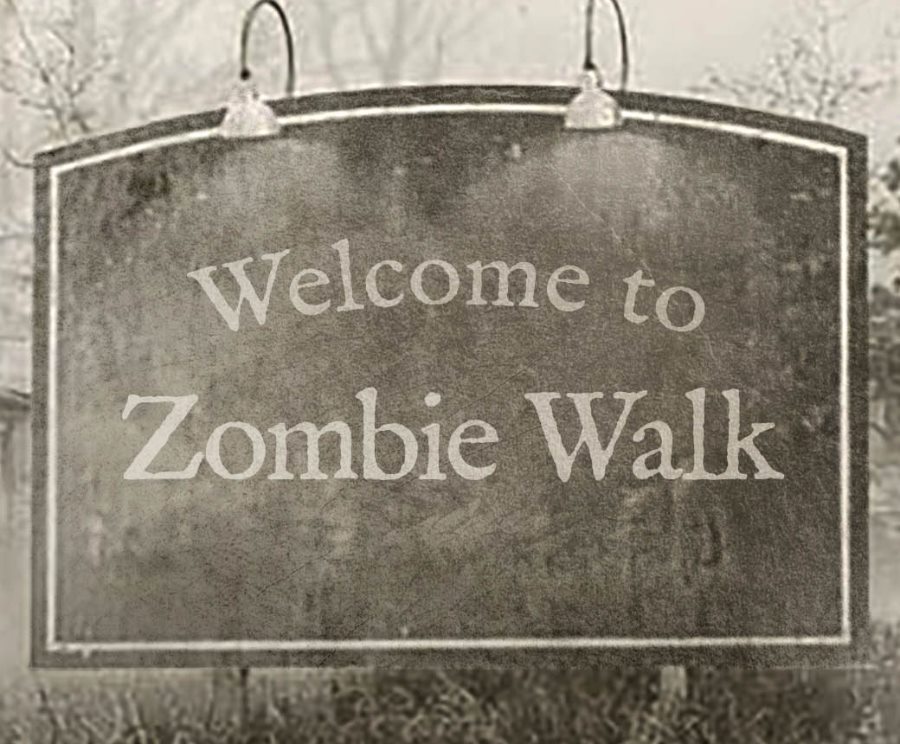Welcome to Zombie Walk sign in the fog
